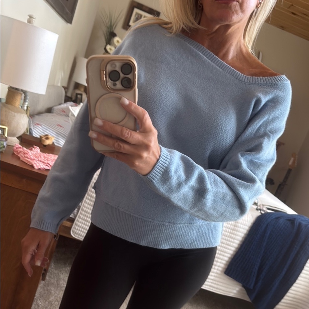 Lumiere Powder Blue Off-Shoulder Knit Sweater